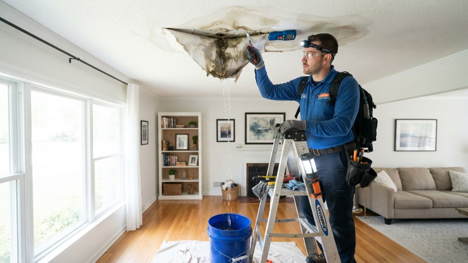 Technician repairing a water-stained residential ceiling, cutting out damaged drywall around a leak with a work light and moisture meter