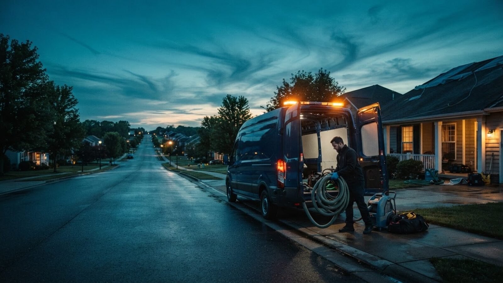 Ceiling Water Damage Pros response van dispatched to a home at dusk, representing nationwide ceiling water damage repair coverage