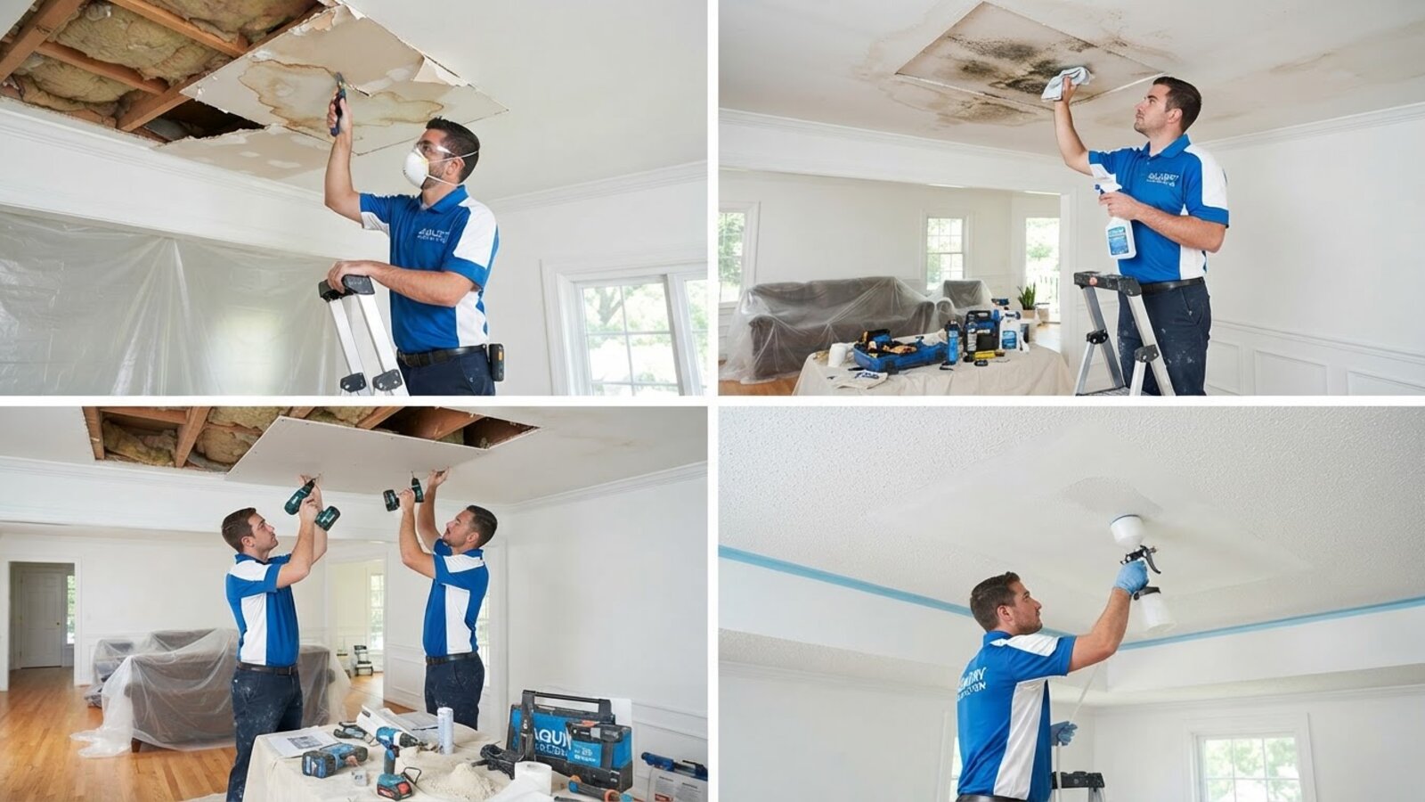 Technician on a ladder cutting out water-damaged drywall from a residential ceiling, with a moisture meter and work light, during a ceiling leak repair