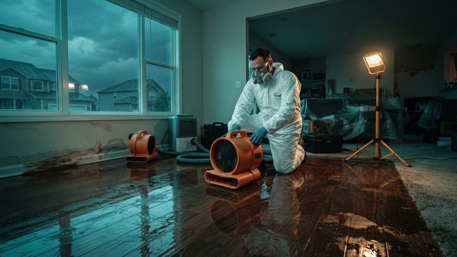 Ceiling repair technician cutting out water-damaged drywall from a residential ceiling in Texas